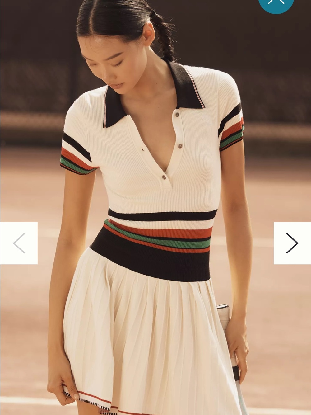 Anthropologie White Ribbed Polo Dress with Black Collar and Multi-Stripe Bands